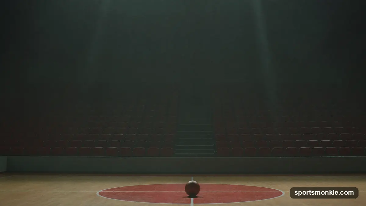 Empty basketball arena with a lit scoreboard and rows of vacant seats