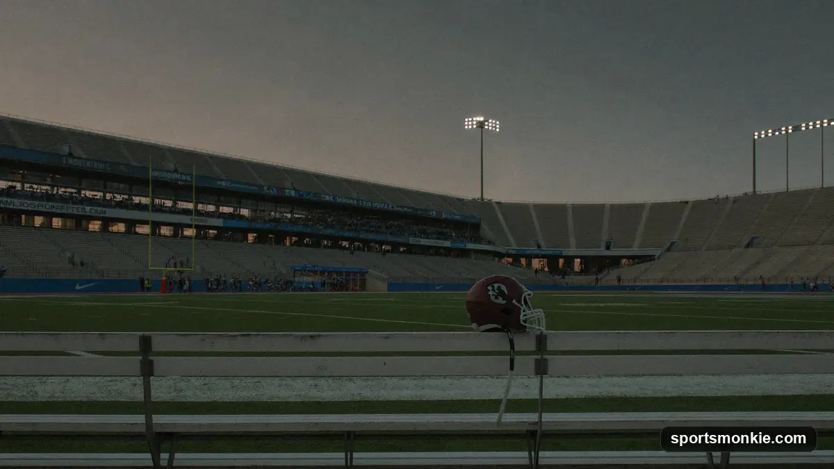 Empty American football stadium under grey skies with an unlit scoreboard