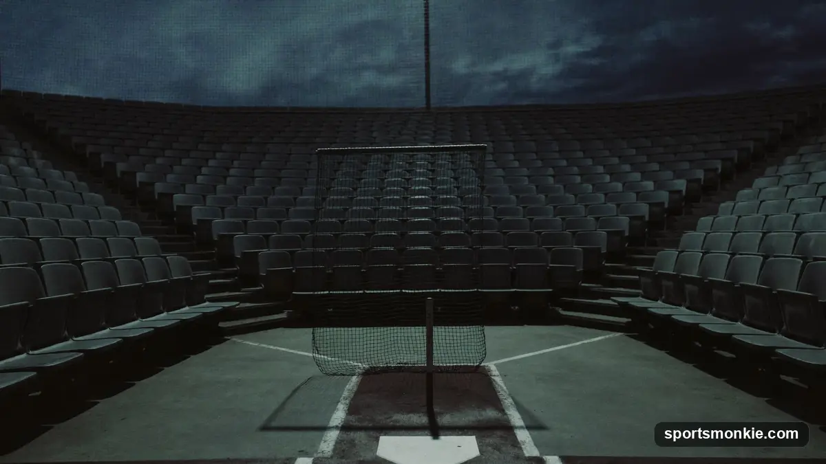 Empty baseball stadium at dusk with a lone scoreboard glowing