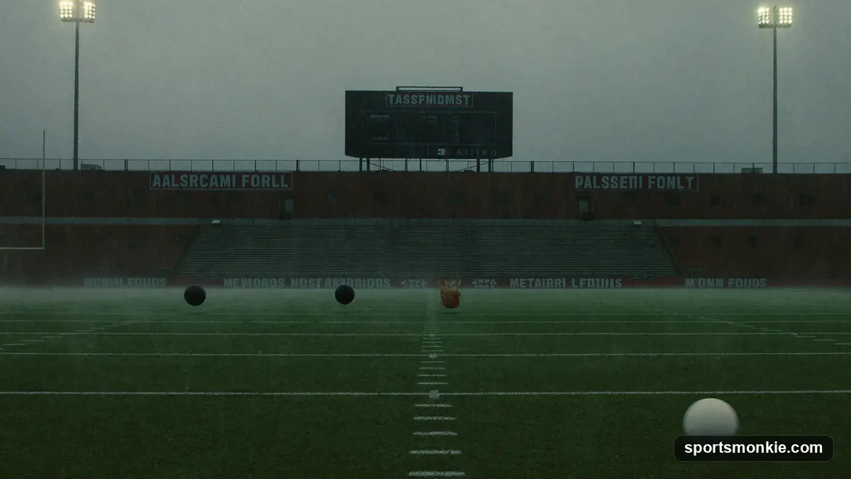 Empty American football stadium with an overcast sky
