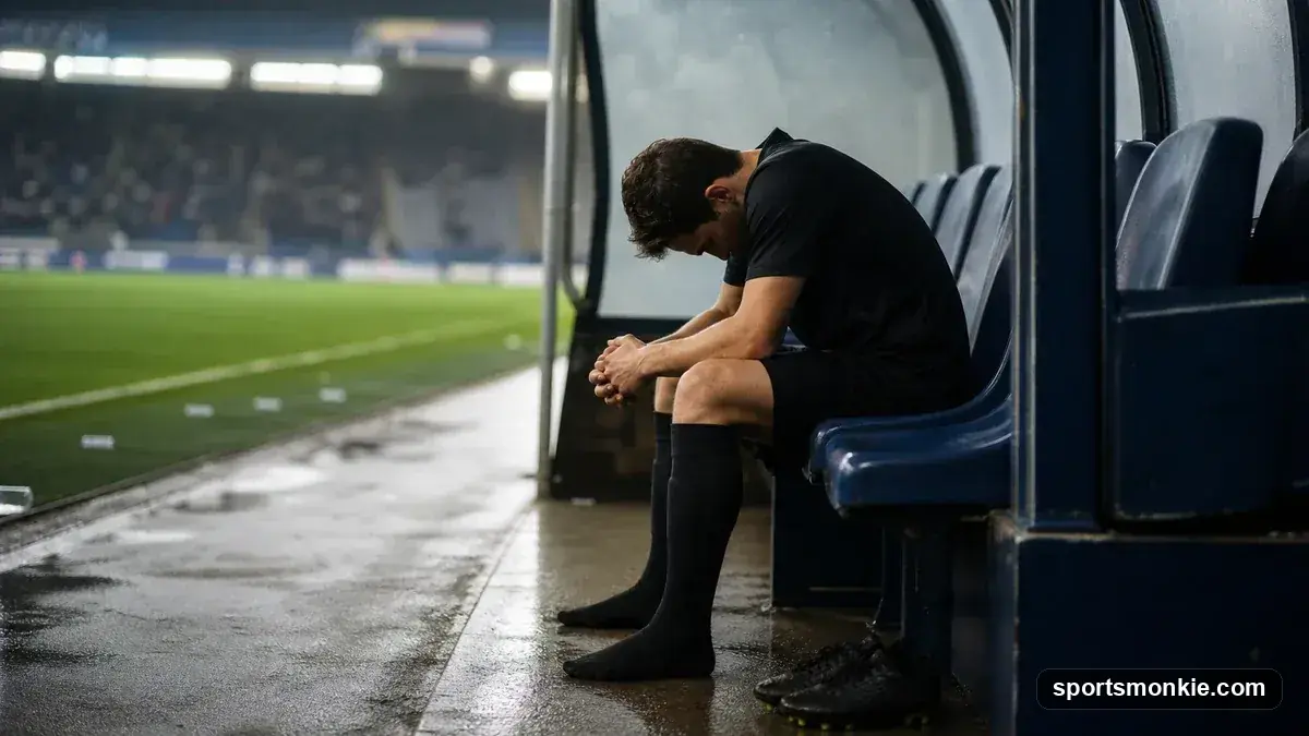 A soccer player sitting on the bench looking dejected, representing a failed transfer