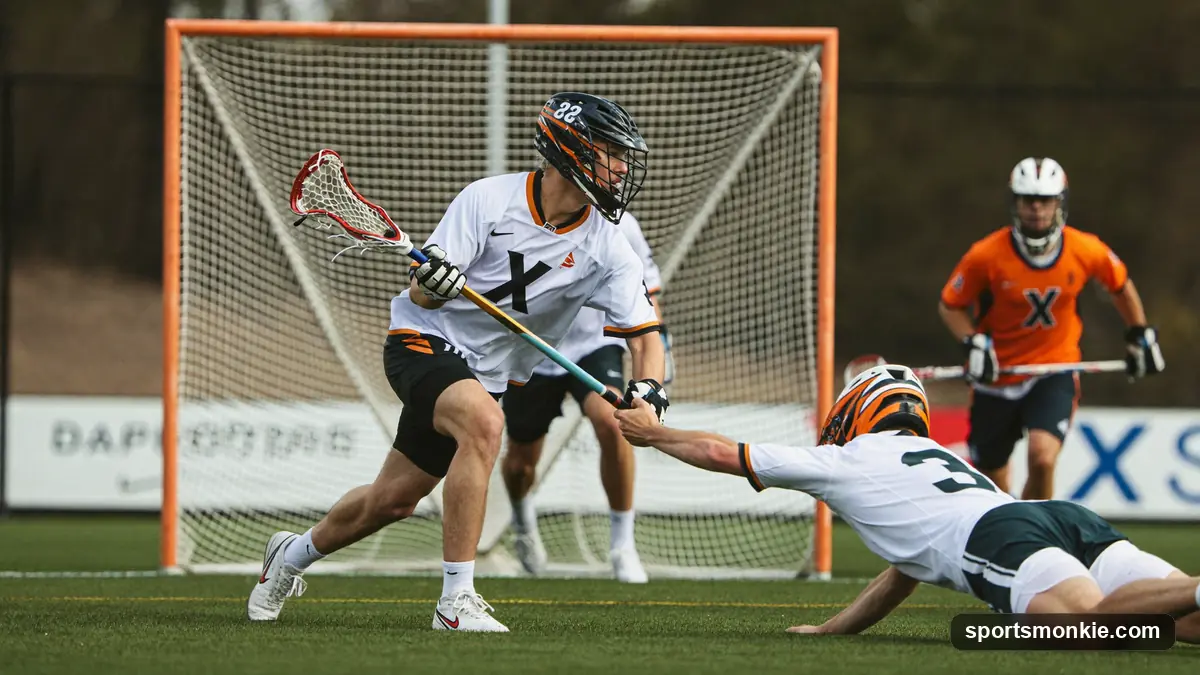 An attackman carrying the ball behind the goal looking to feed a cutting teammate during a lacrosse game