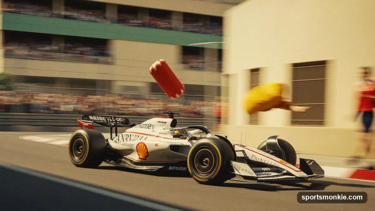 Young Formula 1 driver in helmet climbing into the cockpit on the grid