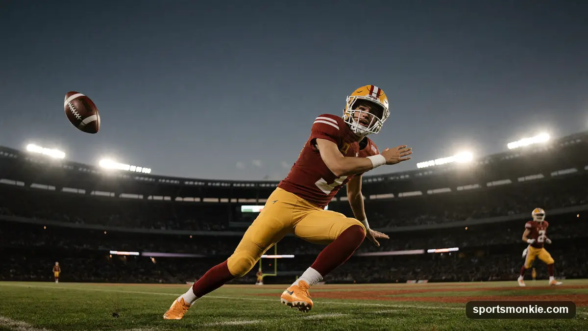 A young football player in pads standing on an NFL field before kickoff