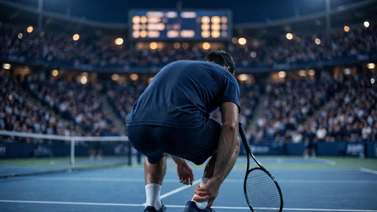 A generic tennis player seen from behind on a floodlit hard court at night, bending to clutch his right ankle with his racket in his other hand, editorial graphic. File illustration, not the Shanghai match.